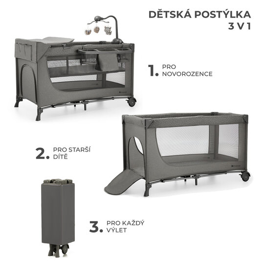 KINDERKRAFT Postýlka cestovní Joy 2 s doplňky Dark grey