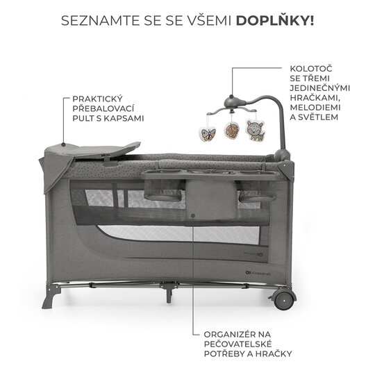 KINDERKRAFT Postýlka cestovní Joy 2 s doplňky Dark grey