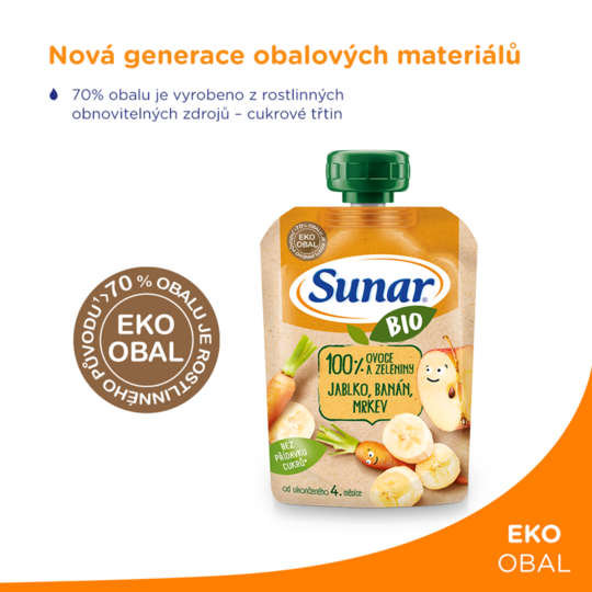 SUNAR BIO gyümölcsös tasak alma, banán, sárgarépa 4h+, 100 g