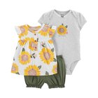 CARTER'S Set 3dielny body kr. rukáv, tričko kr. rukáv, kraťasy Grey Sunflower dievča 9m