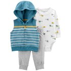 CARTER'S Set 3dielny vesta, body dl. rukáv, tepláky Stripes Helicopter chlapec 6m