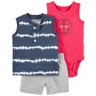 CARTER'S Set 3dílný body tílko, tričko bez rukávů, kalhoty kr. Blue Ty chlapec 18 m, vel. 86