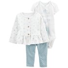 CARTER'S Set 3dielny mikina, tepláky, body kr. rukáv White Flowers dievča LBB 12m, veľ. 80