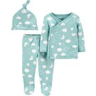 CARTER'S Set 3dílný polodupačky, tričko dl. rukáv zavinovací, čepice Blue Clouds neutrál LBB PRE, ve CARTER'S Set 3dílný polodupačky, tričko dl. rukáv zavinovací, čepice Blue Clouds neutrál LBB PRE, ve
