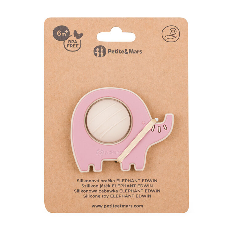 PETITE&MARS Hračka silikonová Elephant Edwin Dusty Rose 6m+