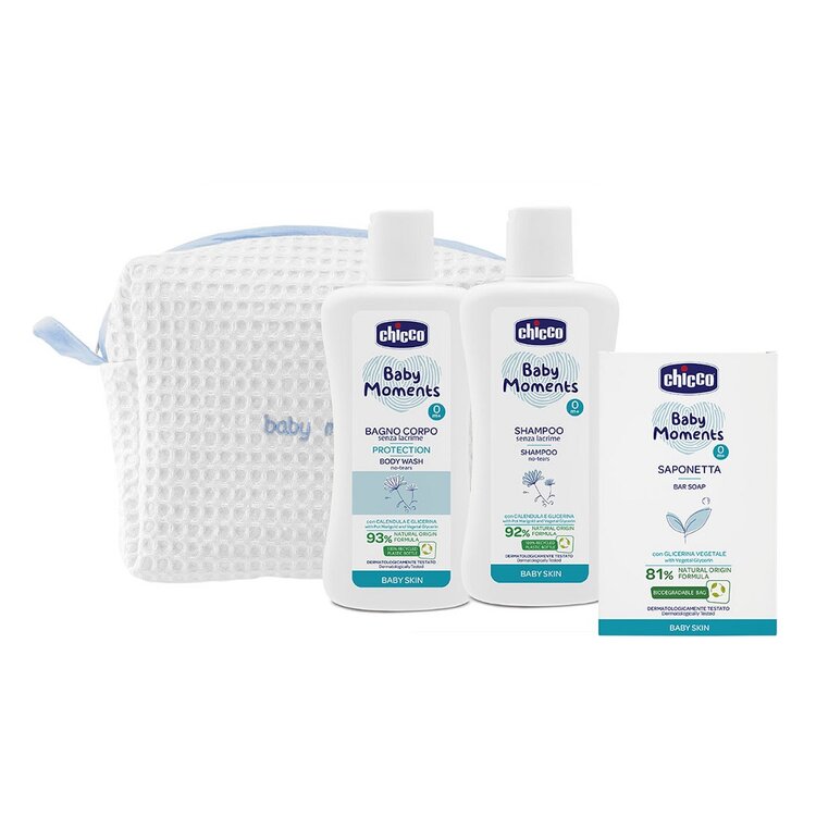 Chicco Baby Moments tuhé mýdlo na ruce 100 g + dětský šampon na vlasy 200 ml + šampon na celé tělo pro děti 200 ml + kosmetická taška 1 ks dárková sad