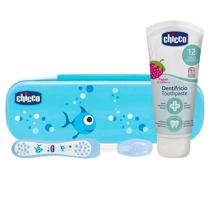 E-shop CHICCO Set zubní kartáček s pouzdrem+pasta Always Smiling modrý 12m+