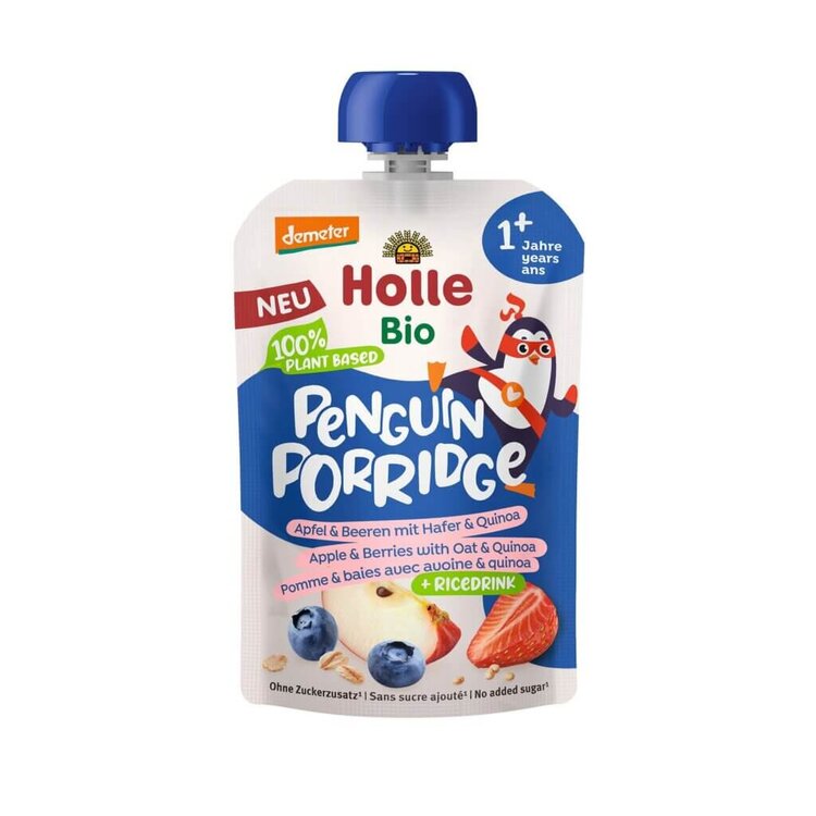 HOLLE Bio Penguin ovocné pyré jablko, čučoriedka, jahody, ovos, quinoa 110g (1r+)