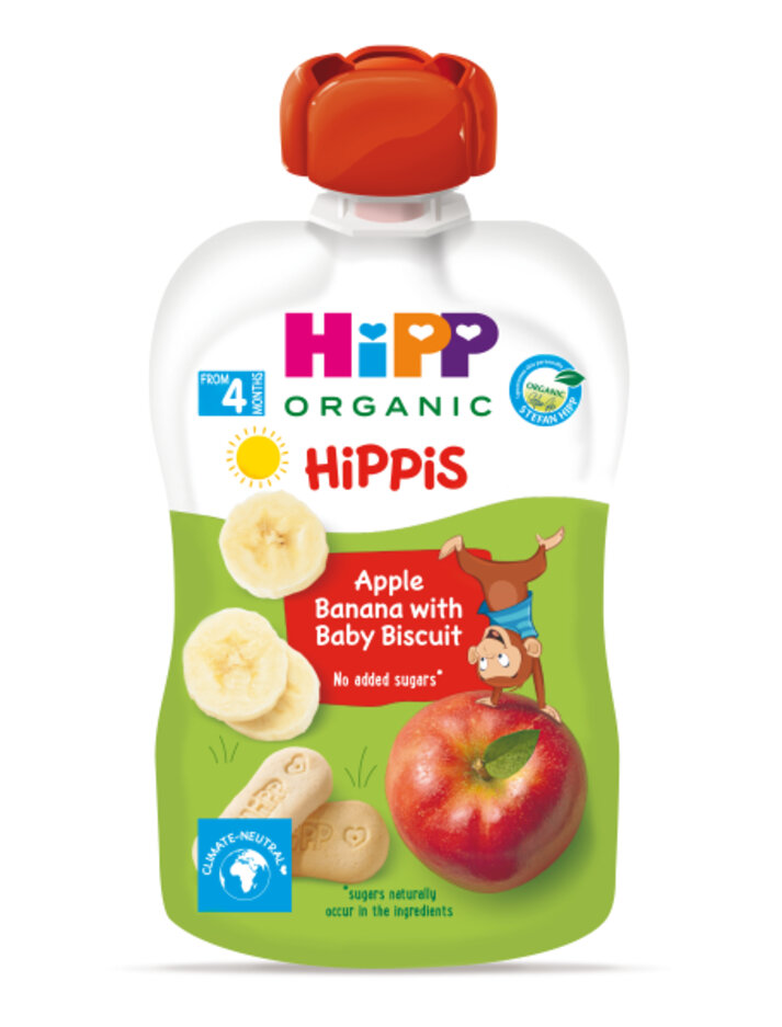 HiPP HiPPiS BIO Jablko, banán a Baby sušenky 100 g, 4m+