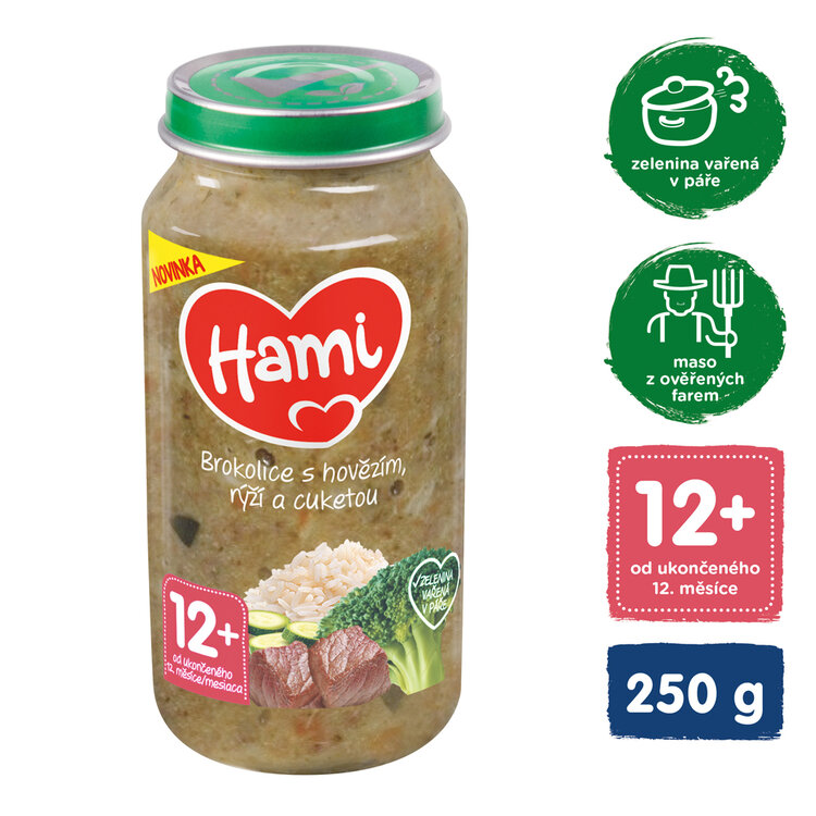 HAMI Příkrm masozeleninový Brokolice s hovězím, rýží a cuketou 250g, 12+