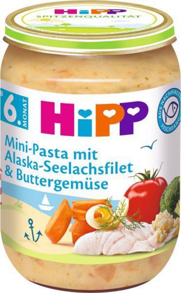 HiPP Mini těstoviny s aljašskou treskou v máslové zelenině 190 g, 6m+