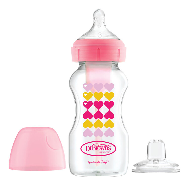 DR.BROWN'S Láhev kojenecká antikoliková Options+ Wide-Neck 270ml 2v1 růžová s náustkem WB91604