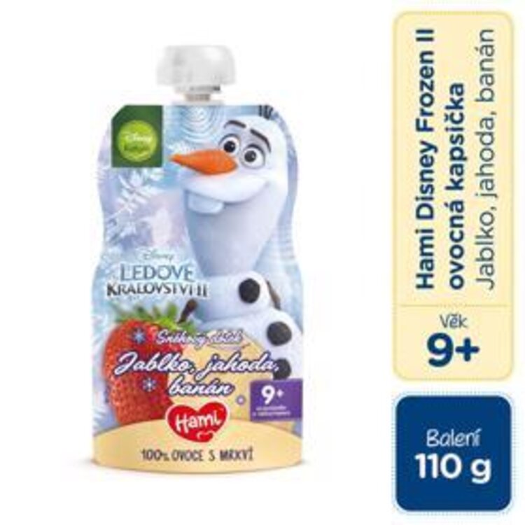 EXP: 20.06.2024 HAMI Disney Frozen Olaf ovocnozeleninová kapsička Jablko, Jahoda, Banán 110 g, 9+