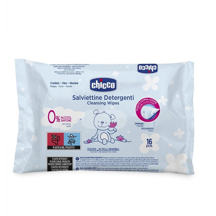 E-shop CHICCO Dětské čisticí vlhčené ubrousky sensitive s lotosovou vodou, 0 % alkoholu, 16 ks do kabelky