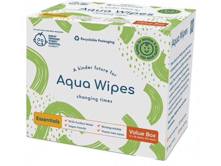 AQUA WIPES Ubrousky 100% rozložitelné, 99% vody, 12x56ks = 672ks