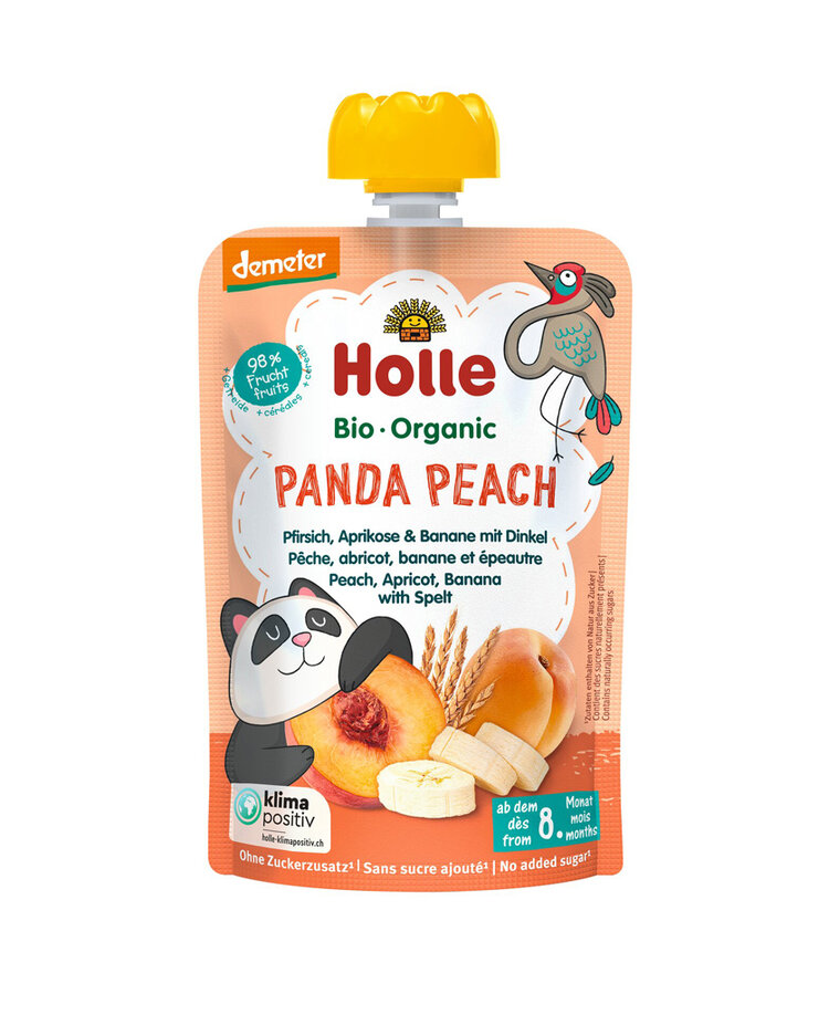 HOLLE BIO Kapsička Panda Peach broskev, merunka, banán, špalda pro děti od 8. měsíce, 100 g
