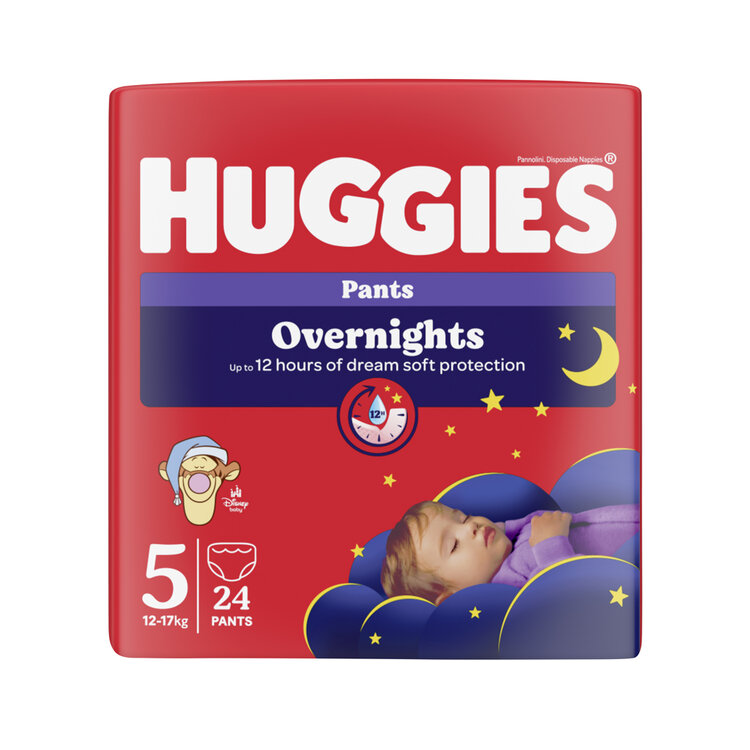 HUGGIES® Kalhotky plenkové noční Overnights Pants vel. 5 (12-17 kg), 24 kusů