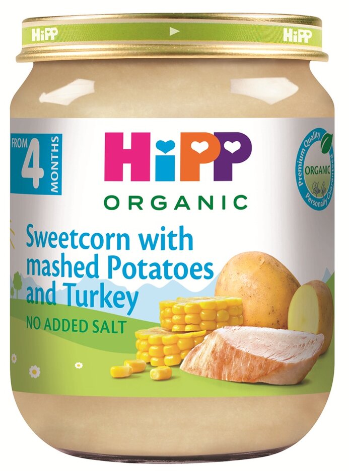 HiPP BIO Pyré bramborové s kukuřicí a krůtím masem 125 g, od uk. 4-6. měsíce