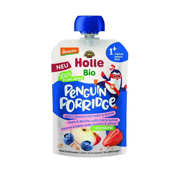 HOLLE Bio Penguin ovocné pyré jablko, borůvka, jahody, oves, quinoa 110g (1r+)
