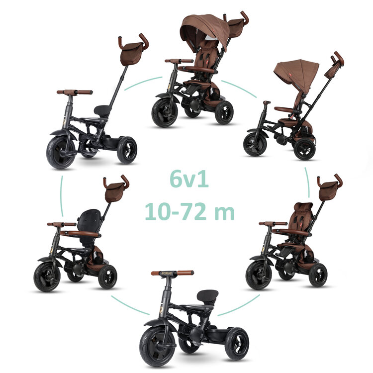 QPLAY Tříkolka Rito Deluxe Brown, 6 v 1, věk 10-72 měsíců