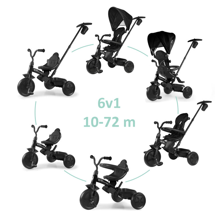 QPLAY Tříkolka Elite Platinum Black, 6 v 1, věk 10-72 měsíců