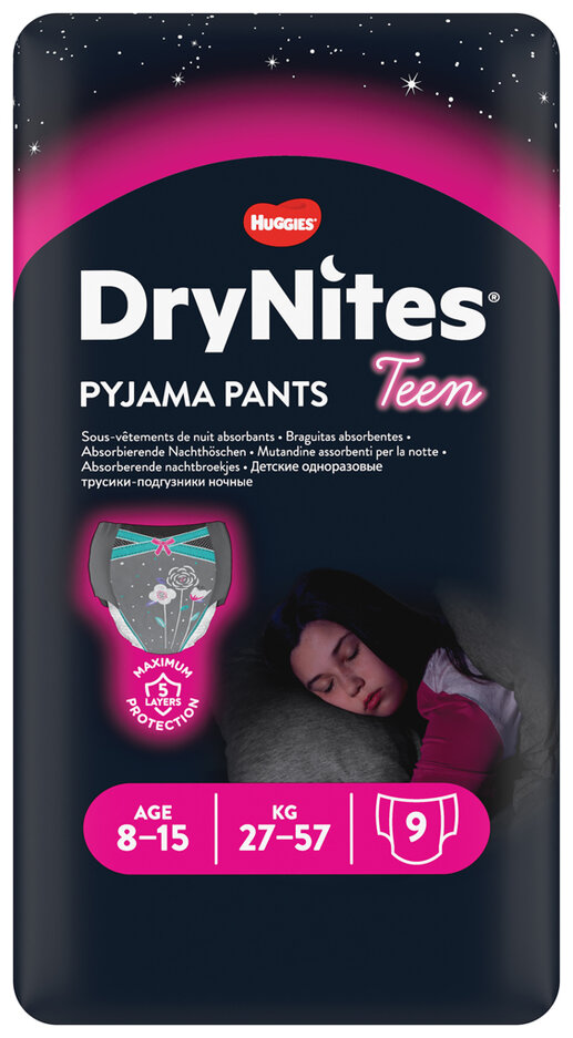 HUGGIES® DryNites Kalhotky plenkové jednorázové pro dívku 8-15 let (27-57 kg) 9 ks