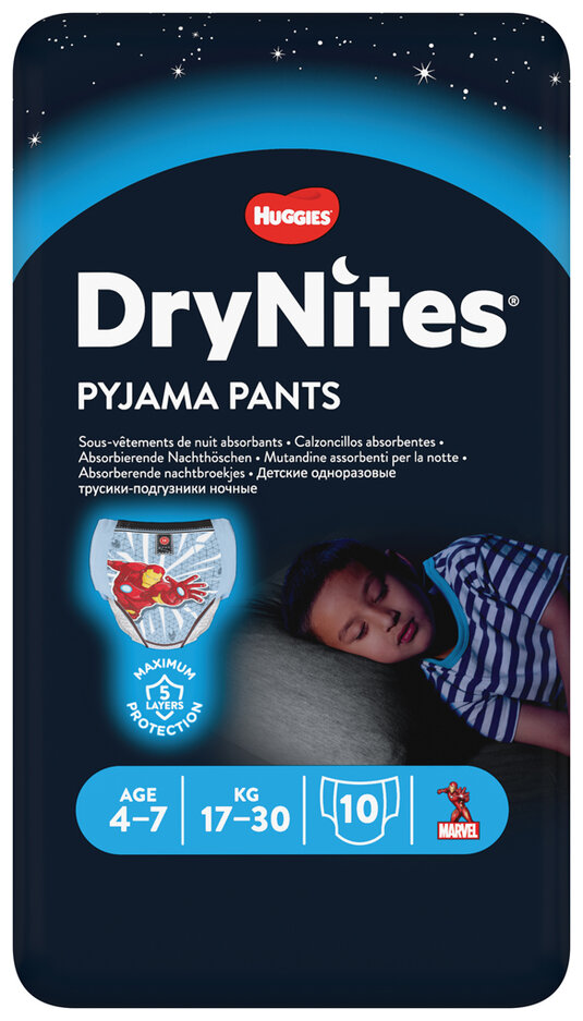 E-shop HUGGIES® DryNites Kalhotky plenkové jednorázové pro kluka 4-7 let (17-30 kg) 10 ks