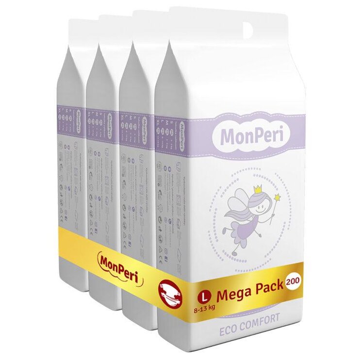 MONPERI Eco Comfort Pleny jednorázové L (8-13 kg) 200 ks - Mega Pack