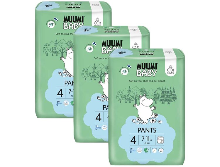 MUUMI Baby Pants 4 Maxi 7-11 kg (120 ks), měsíční balení kalhotkových eko plen