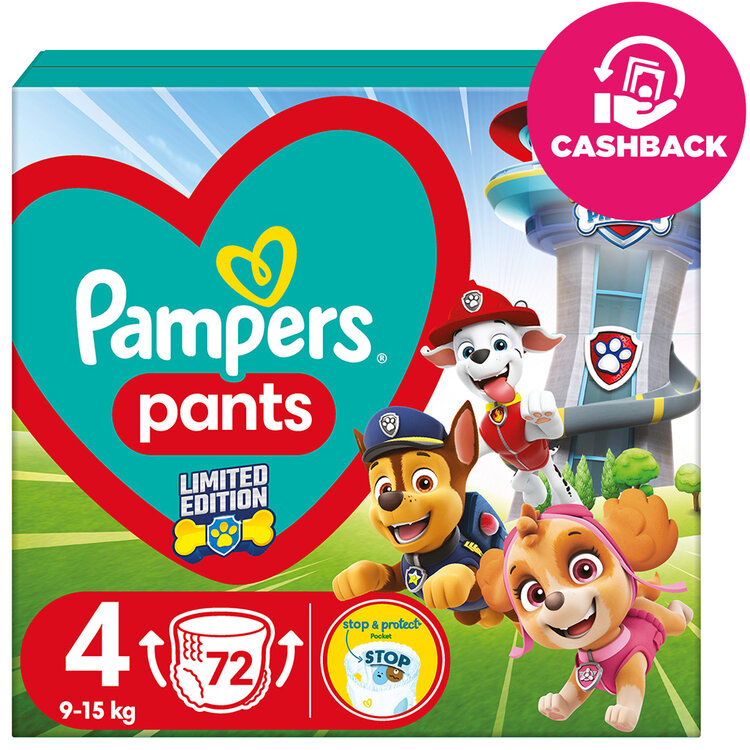 E-shop PAMPERS Pleny kalhotkové Active Baby Pants Paw Patrol vel. 4 (9-15 kg) 72 ks