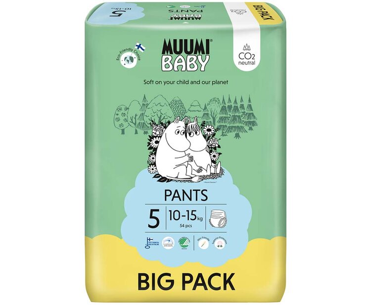 MUUMI Baby Pants 5 Maxi+ 10-15 kg (54 ks), kalhotkové eko pleny