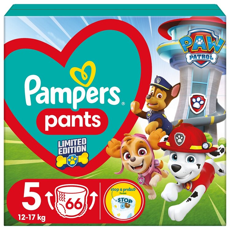 E-shop PAMPERS Pleny kalhotkové Active Baby Pants Paw Patrol vel. 5 (12-17 kg) 66 ks