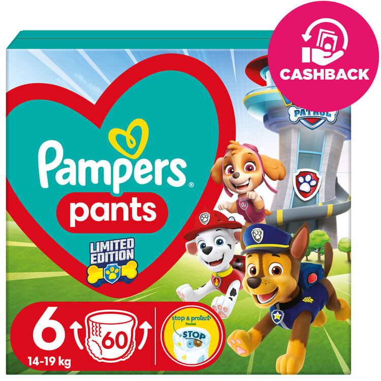 E-shop PAMPERS Pleny kalhotkové Active Baby Pants Paw Patrol vel. 6 (14-19 kg) 60 ks