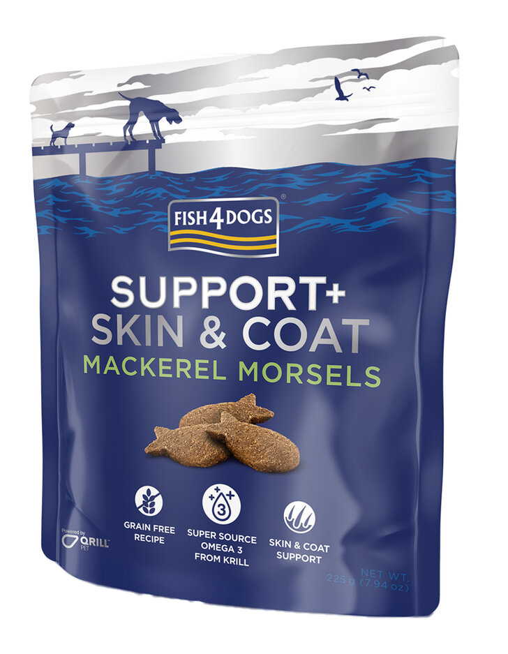 FISH4DOGS Pamlsky pro psy SUPPORT+ srst a kůže makrela 225 g