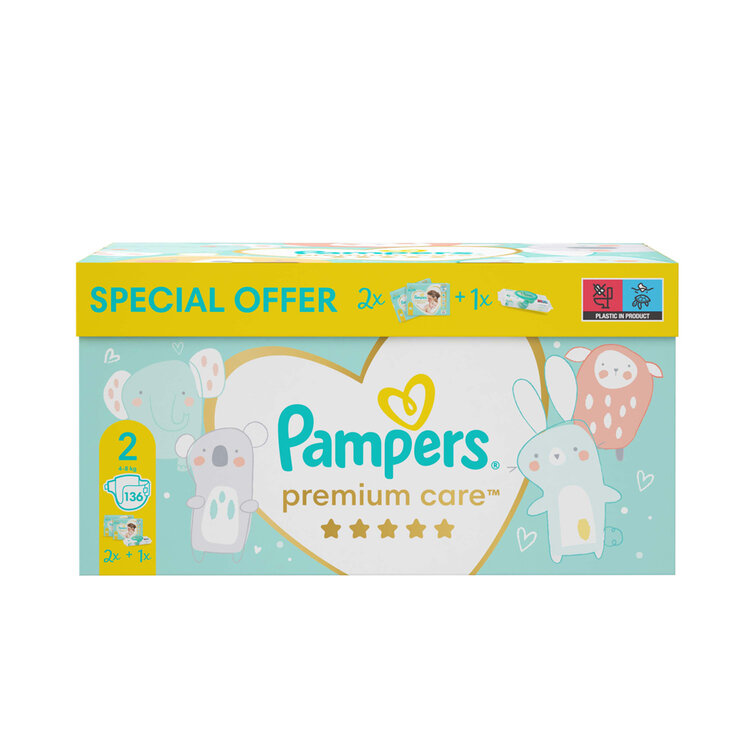 PAMPERS Balenie darčekové - Jednorázové plienky Premium Care 2 (4-8 kg), 136 ks + obrúsky ZDARMA