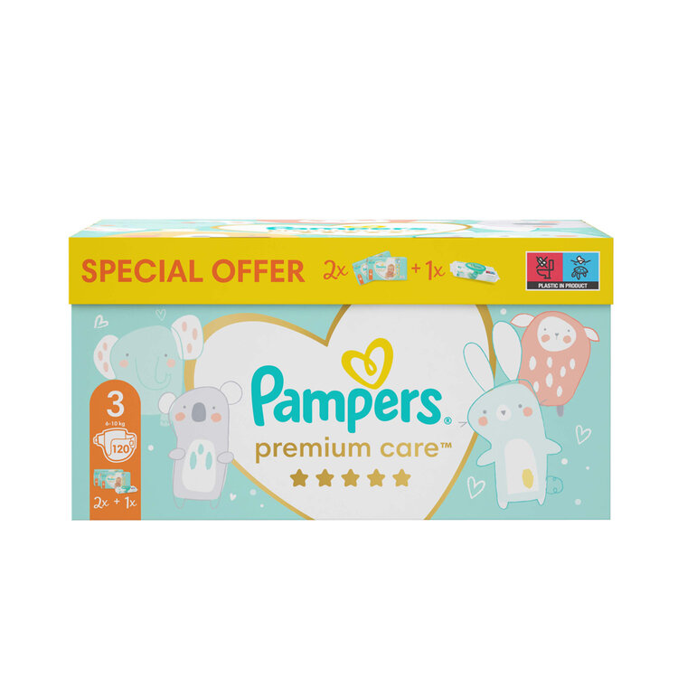 PAMPERS Box dárkový - Jednorázové pleny Premium Care 3 (6-10 kg), 120 ks + ubrousky ZDARMA