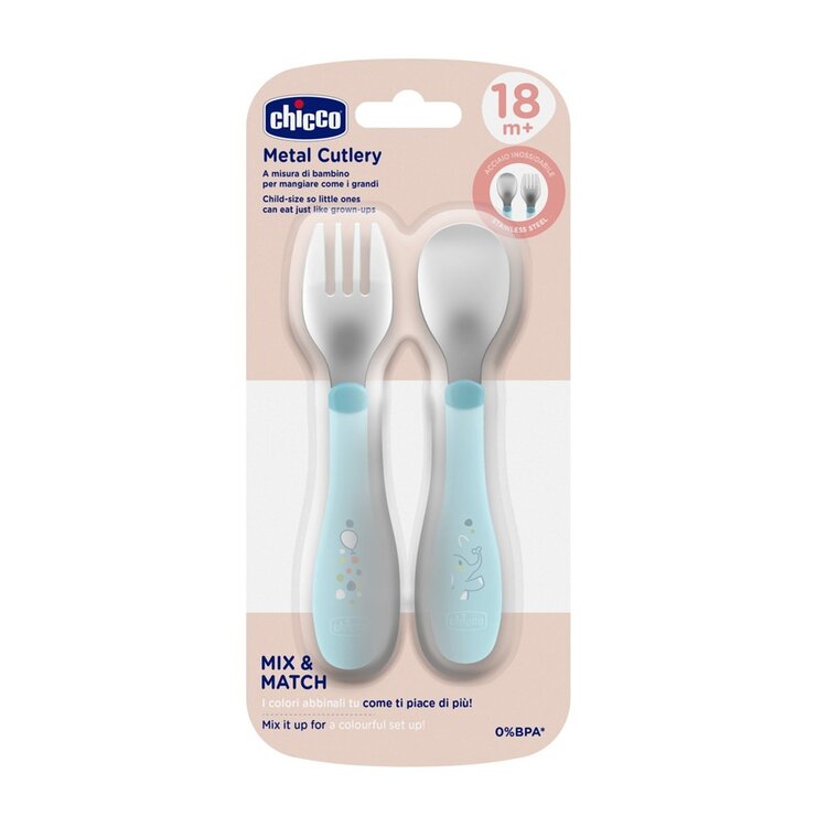 CHICCO Lžička a vidlička nerez - teal, 18m+