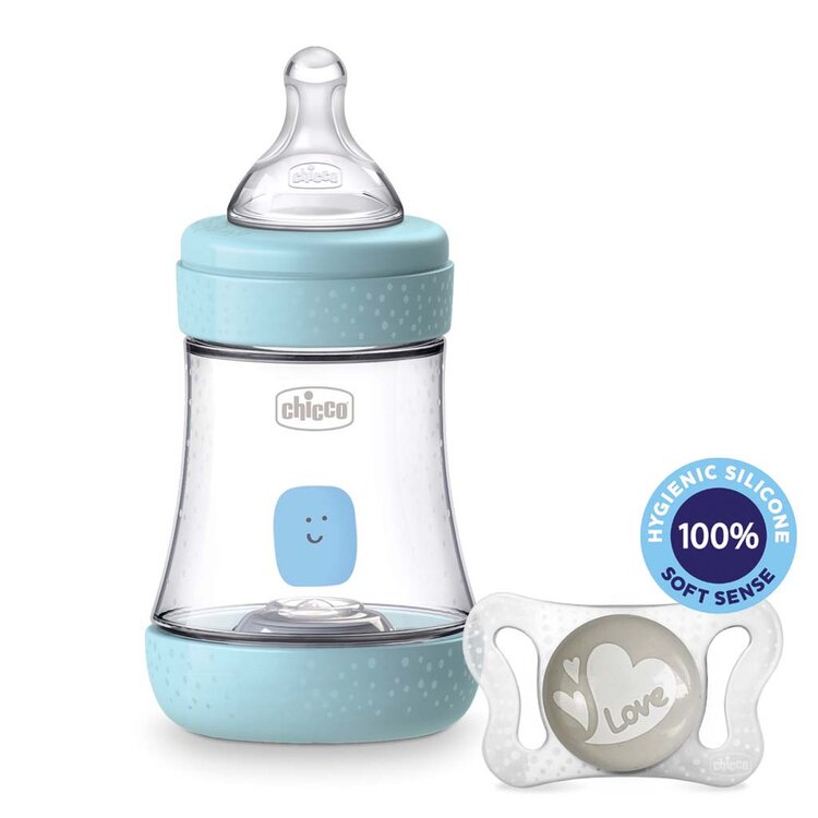 E-shop Chicco láhev kojenecká Perfect 5 silikon 150 ml kluk + vzorek Šidítko Physio Micro V003156