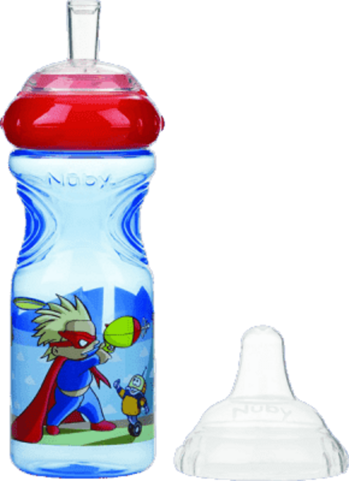 NUBY Netekoucí láhev se silikonovým pítkem 300 ml, 9 m+, modrá s červeným víčkem – superhrdina
