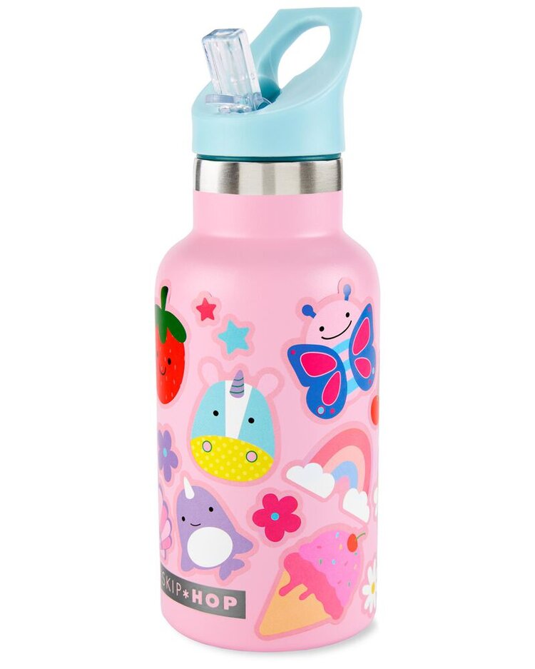 SKIP HOP Láhev s nálepkami se slámkovým náústkem nerezová ružová 380 ml, 4r+