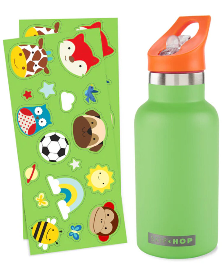SKIP HOP Rozsdamentes acél szívószálas palack matricákkal, zöld kantin, 380 ml, 4 éves kortól akciós termékkép 1