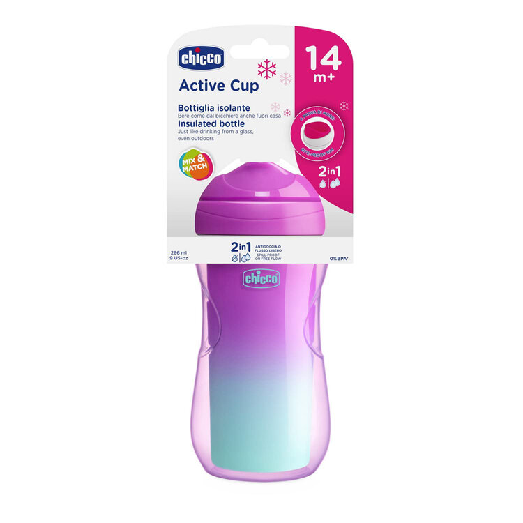 CHICCO Hrneček Active termo s tvrdým pítkem 266 ml růžový, květiny 14m+