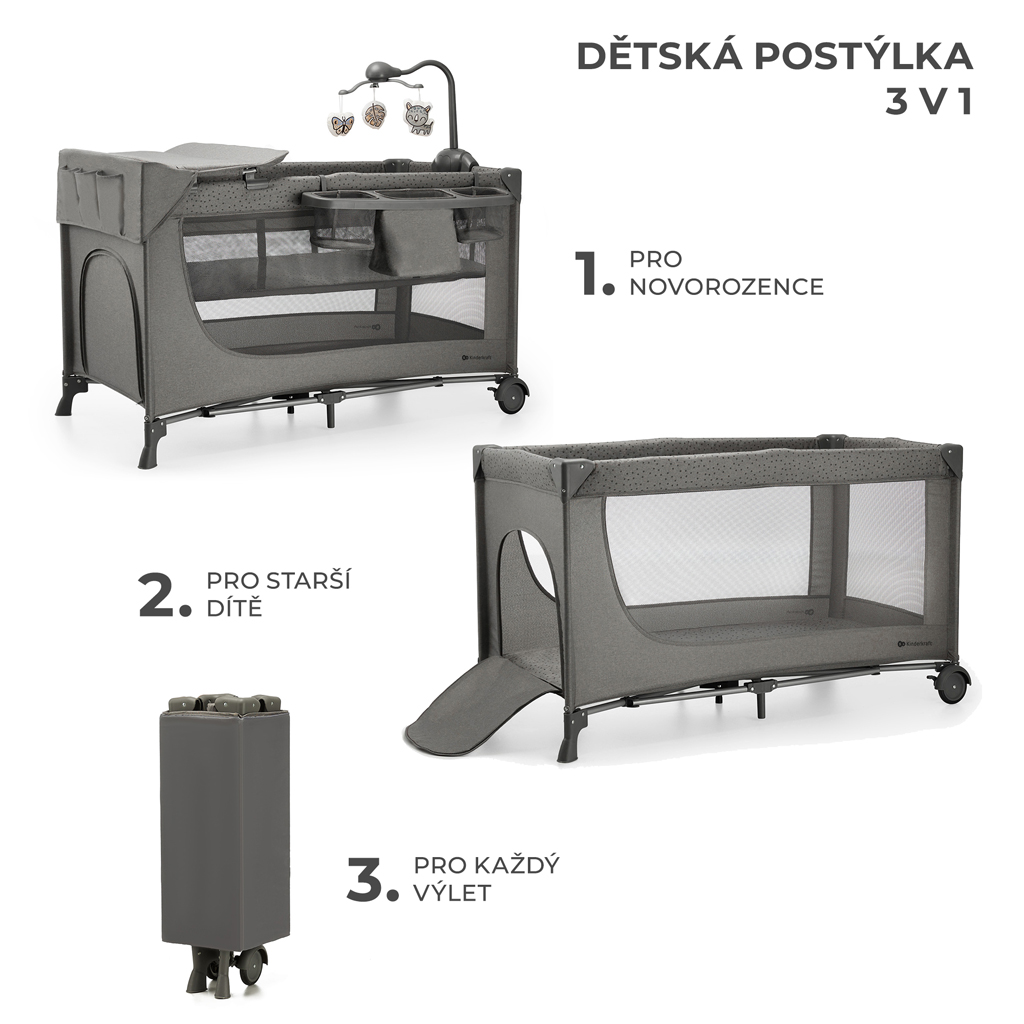 KINDERKRAFT Utazóágy Joy 2 kiegészítőkkel Dark grey termék 2. képe