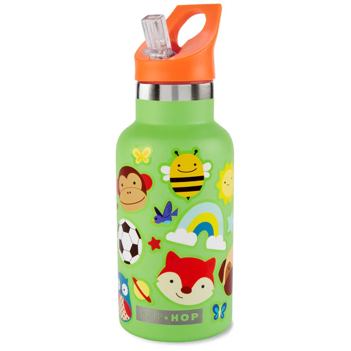 SKIP HOP Rozsdamentes acél szívószálas palack matricákkal, zöld kantin, 380 ml, 4 éves kortól termék 2. képe