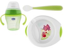 CHICCO Jídelní set - talíř, lžička, sklenka, 6m+ CHICCO Jídelní set - talíř, lžička, sklenka, 6m+