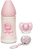 SUAVINEX Set 270 ml t1m + dudlík + klip 0-6 Toys – růžový SUAVINEX Set 270 ml t1m + dudlík + klip 0-6 Toys – růžový