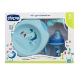 CHICCO Jídelní set - talíř, lžička, sklenka, 6m+ - modrý CHICCO Jídelní set - talíř, lžička, sklenka, 6m+ - modrý