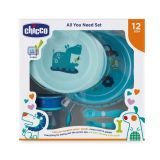 CHICCO Jídelní set - talíře, příbory, sklenka, 12m+ - modrý CHICCO Jídelní set - talíře, příbory, sklenka, 12m+ - modrý