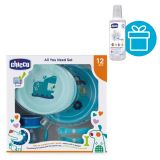 CHICCO Souprava jídelní - talíře/příbor/pohárek, modrý 12m + CHICCO Roztok dezinf. víceúčelový 1l CHICCO Souprava jídelní - talíře/příbor/pohárek, modrý 12m + CHICCO Roztok dezinf. víceúčelový 1l