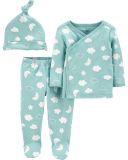 CARTER'S Set 3dílný polodupačky, tričko dl. rukáv zavinovací, čepice Blue Clouds neutrál LBB PRE, ve CARTER'S Set 3dílný polodupačky, tričko dl. rukáv zavinovací, čepice Blue Clouds neutrál LBB PRE, ve
